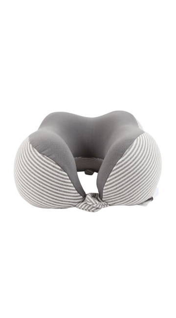 Striped travel neck pillow with dark gray outer panels and white center seam