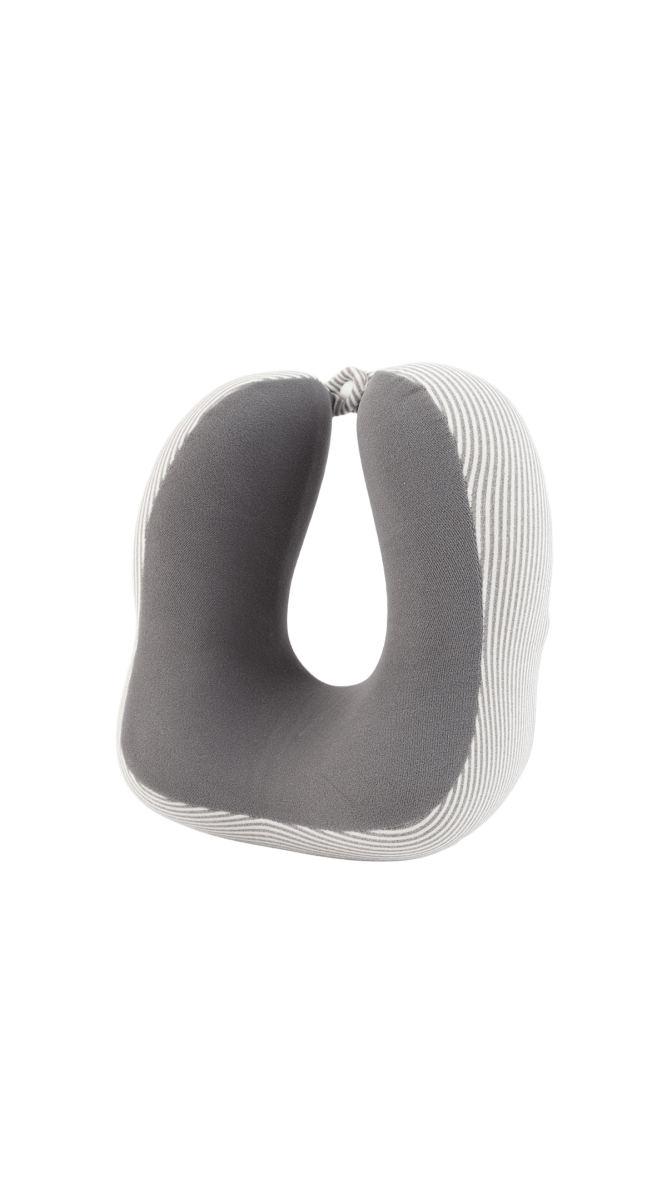 Travel neck pillow with dark gray plush front and white striped fabric sides