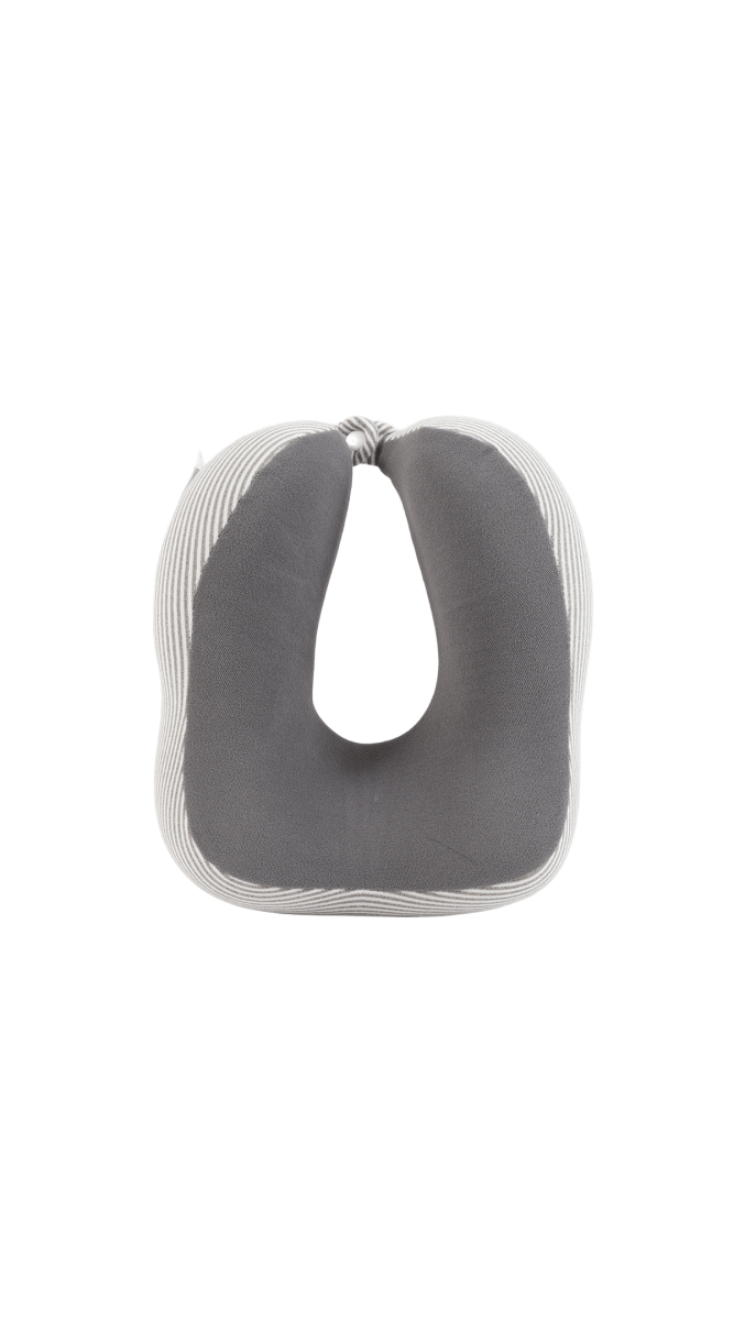 Travel neck pillow with U-shaped design, dark gray plush center and striped edges