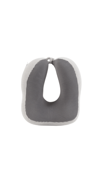 Travel neck pillow with U-shaped design, dark gray plush center and striped edges