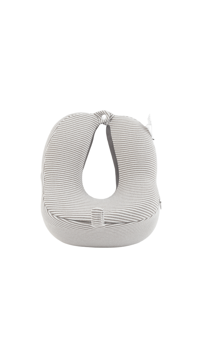 Striped travel neck pillow with white stripes on light gray and ruched top