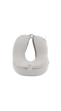 Striped travel neck pillow with white stripes on light gray and ruched top