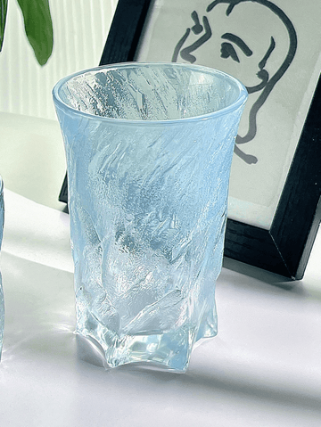 Blue 300ml glass cup with textured clear finish, cylindrical shape