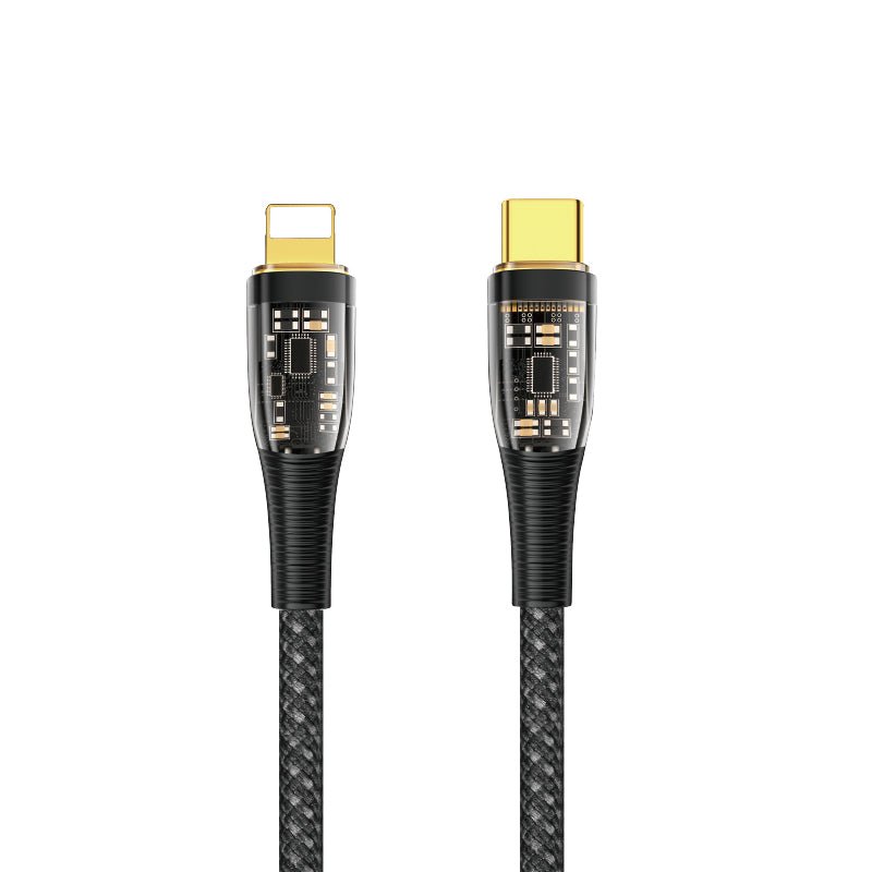 USB-C to Lightning data cable with black braided jacket and gold connectors.