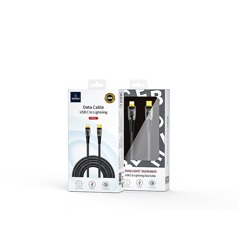 USB-C to Lightning data cable retail box with braided-cable illustration.
