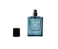 Valuria De Midi eau de parfum bottle with detached black cap, blue glass front