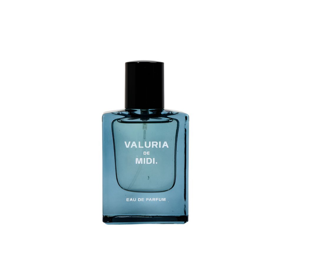 Valuria De Midi eau de parfum bottle with black cap and blue glass, front label