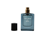 Valuria De Midi Eau de Parfum bottle with gold cap and open black sprayer