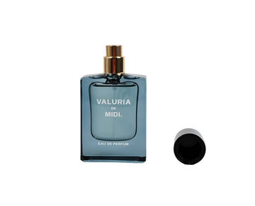 Valuria De Midi Eau de Parfum bottle with gold cap and blue glass