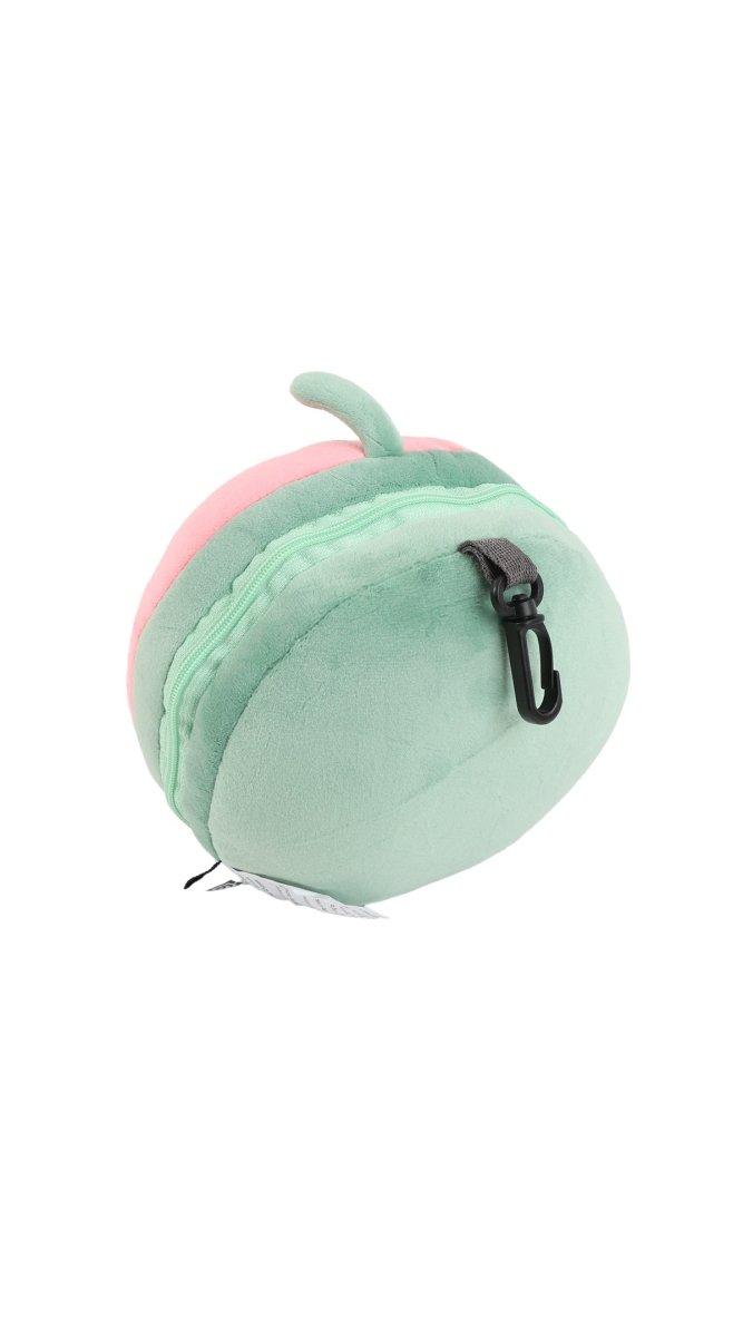 Watermelon travel pillow with green back panel, small loop, and zip closure
