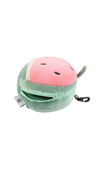 Watermelon travel pillow with eye mask pouch, pink top and green rim, zipper cord