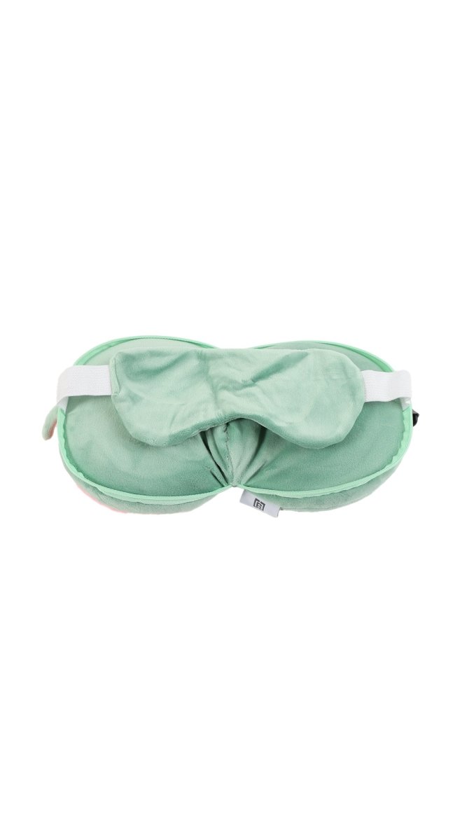 Watermelon eye mask and travel pillow, open green interior with white strap loops