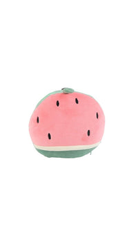 Watermelon travel pillow with green rind base and pink slice face, black seed details