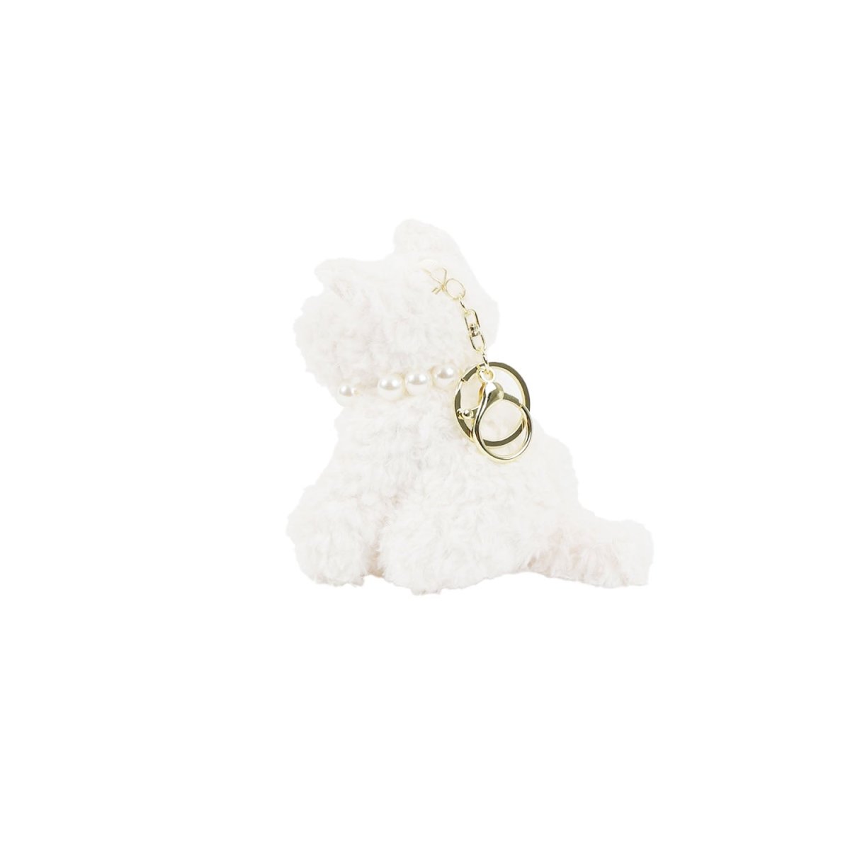 White West Highland plush dog keychain with pearl strand and gold ring