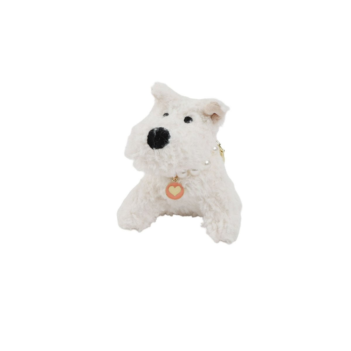 White West Highland plush dog keychain with heart pendant and pearl collar