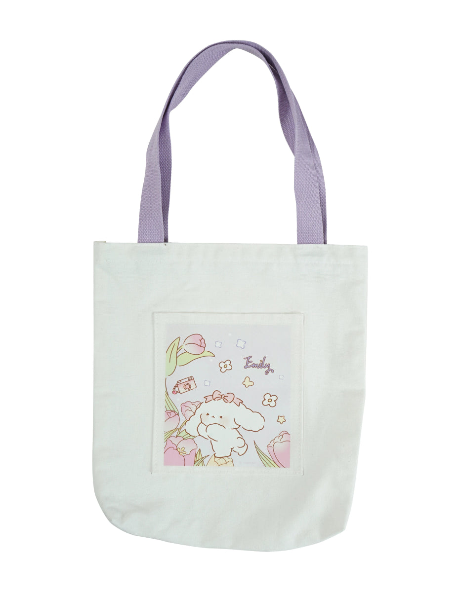 White canvas bag with pink handle and cute design - MIDI