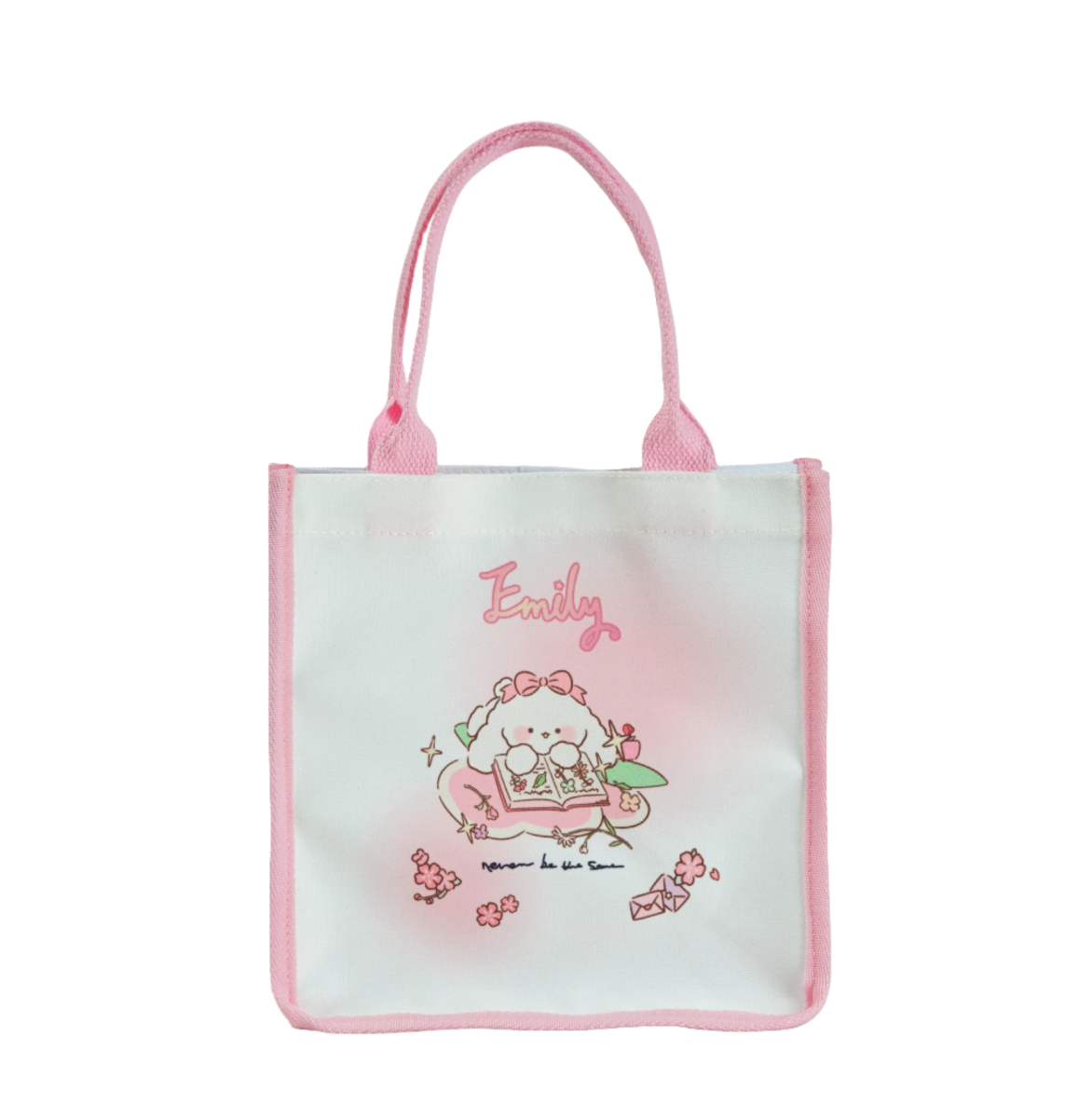 White canvas bag with pink handle and cute design - MIDI