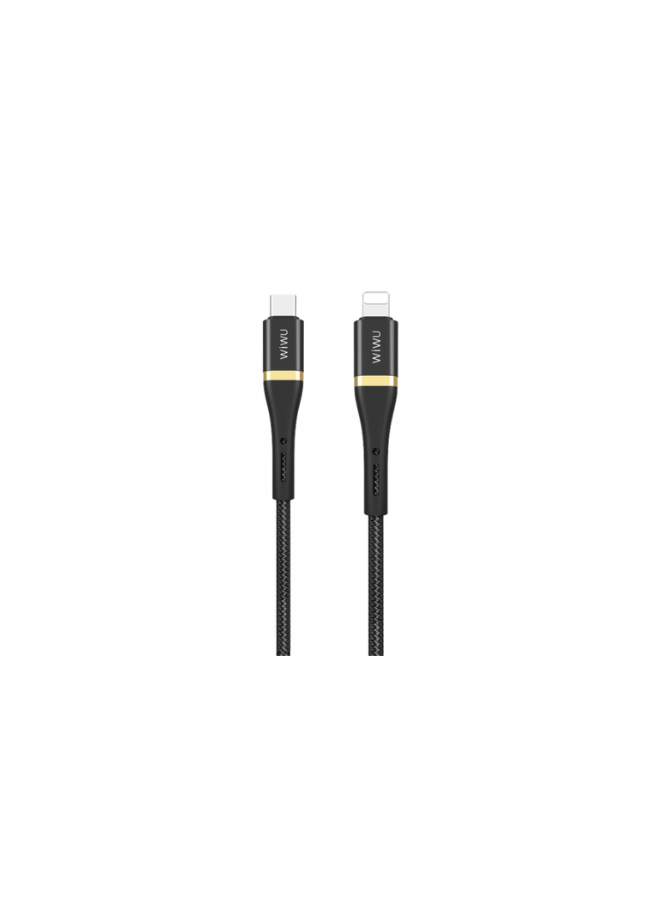 USB-C to Lightning cable with black braided jacket and USB-C/Lightning connectors