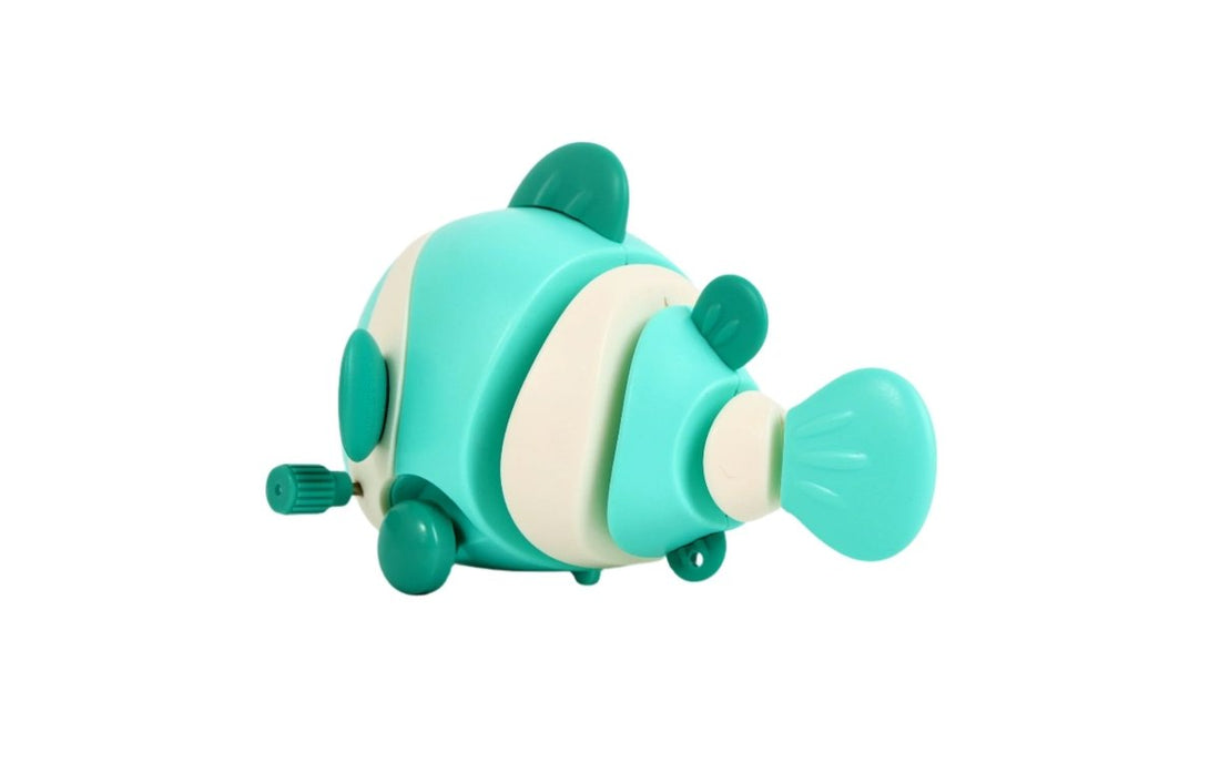Teal wind-up swimming fish toy side view with tail fin and winder knob