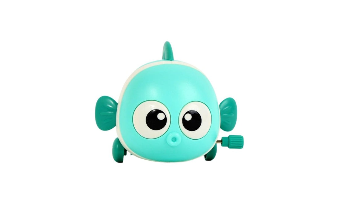 Teal wind-up swimming fish toy with big eyes, fins, and orange winder knob
