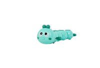 Winding caterpillar toy, light teal with smiling face and visible winding crank