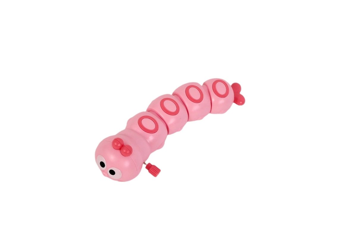 Winding caterpillar toy, pink with oval belly segments and tiny red feet