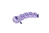 Winding caterpillar toy, purple segmented body with rolling eyes and tail fin