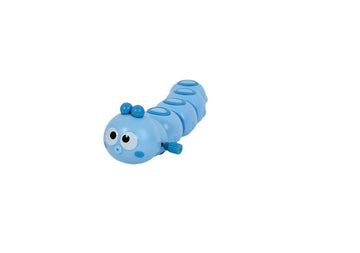 Winding caterpillar toy, blue coiled with smiling face and small feet