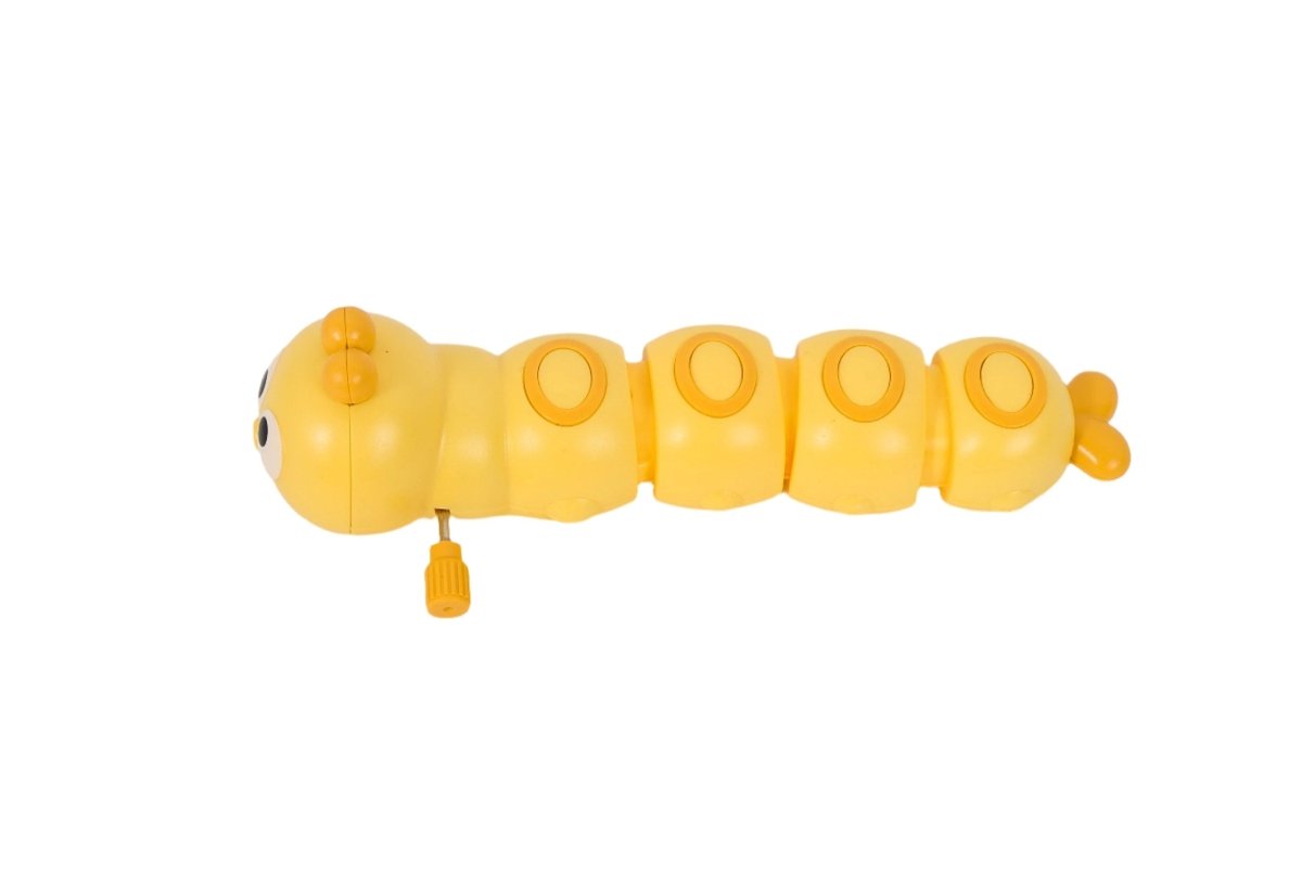 Winding caterpillar toy, yellow with segmented rings and a dangling keychain