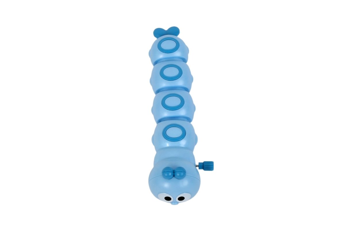 Winding caterpillar toy, blue stacked body with rear paw and winding wheel