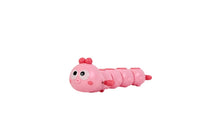 Winding caterpillar toy, pink smiling head and segmented body with rear crank
