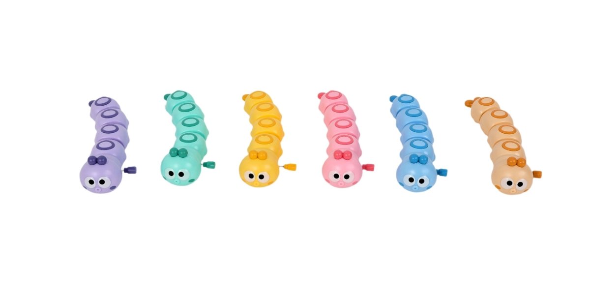 Colorful winding caterpillar toy set with purple, green, yellow, pink, blue, and tan