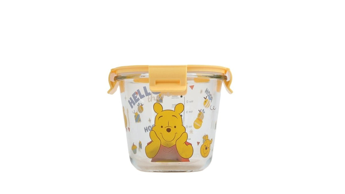500ml glass food jar with Winnie the Pooh graphics and yellow snap lid