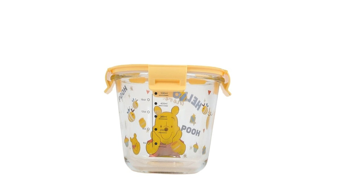 500ml glass food jar with Winnie the Pooh graphics, clear jar and yellow lid