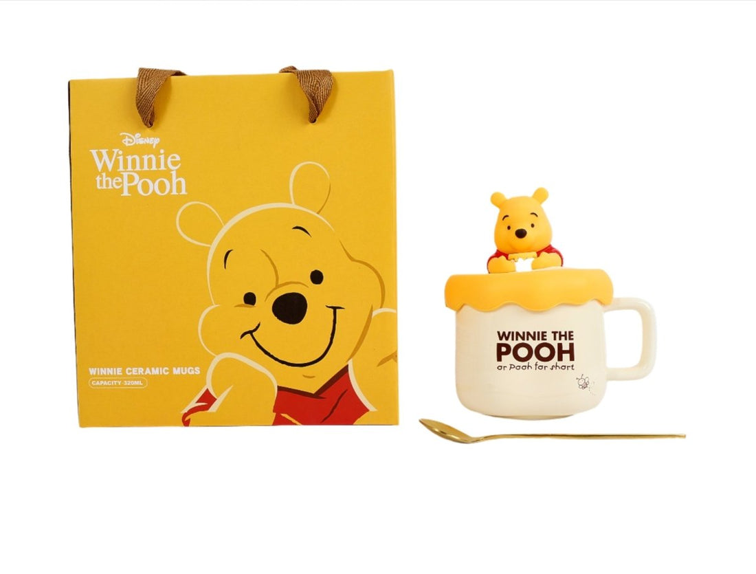 Ceramic Winnie the Pooh mug with lid and spoon, white cup with Pooh topper