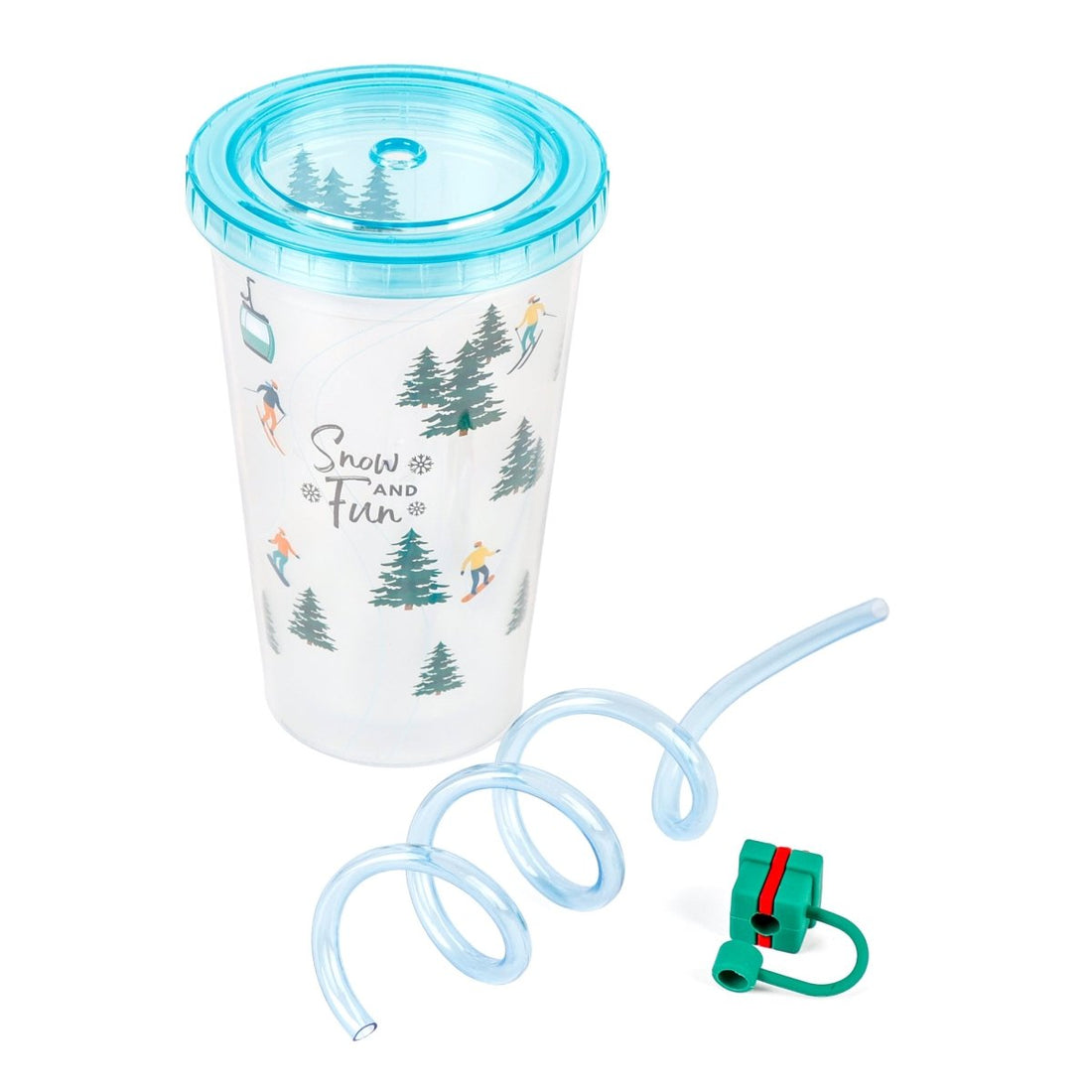 Snow-themed tumbler cup with teal lid, curly straw pieces and base accessory