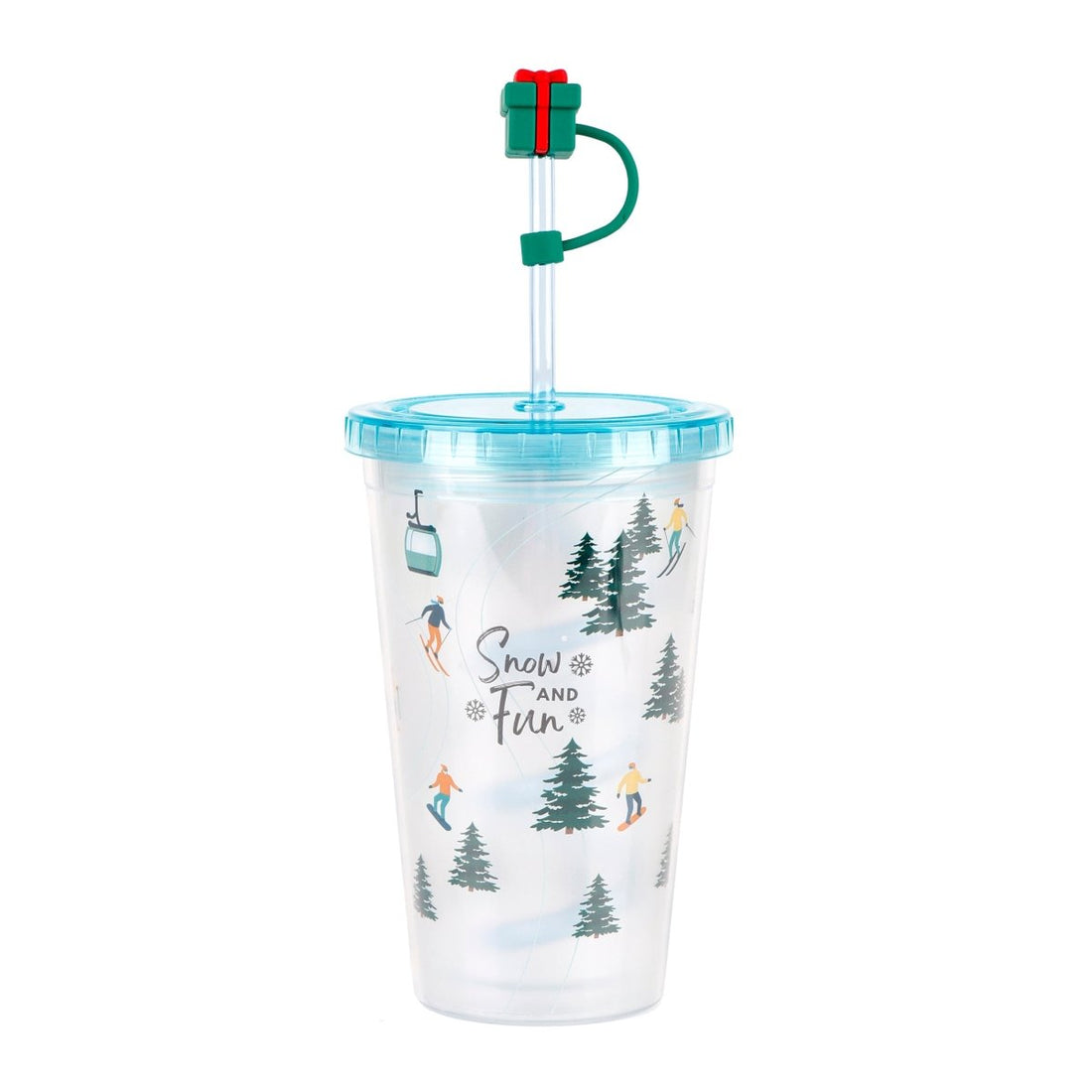Winter snow-themed tumbler cup with flip straw, teal lid and handle