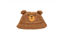 Kids teddy bear bucket hat, brown teddy-fleece with embroidered bear face and ears