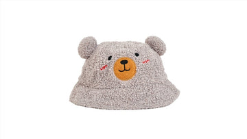 Kids teddy bear bucket hat, gray teddy-fleece with rounded bear ears and face patch