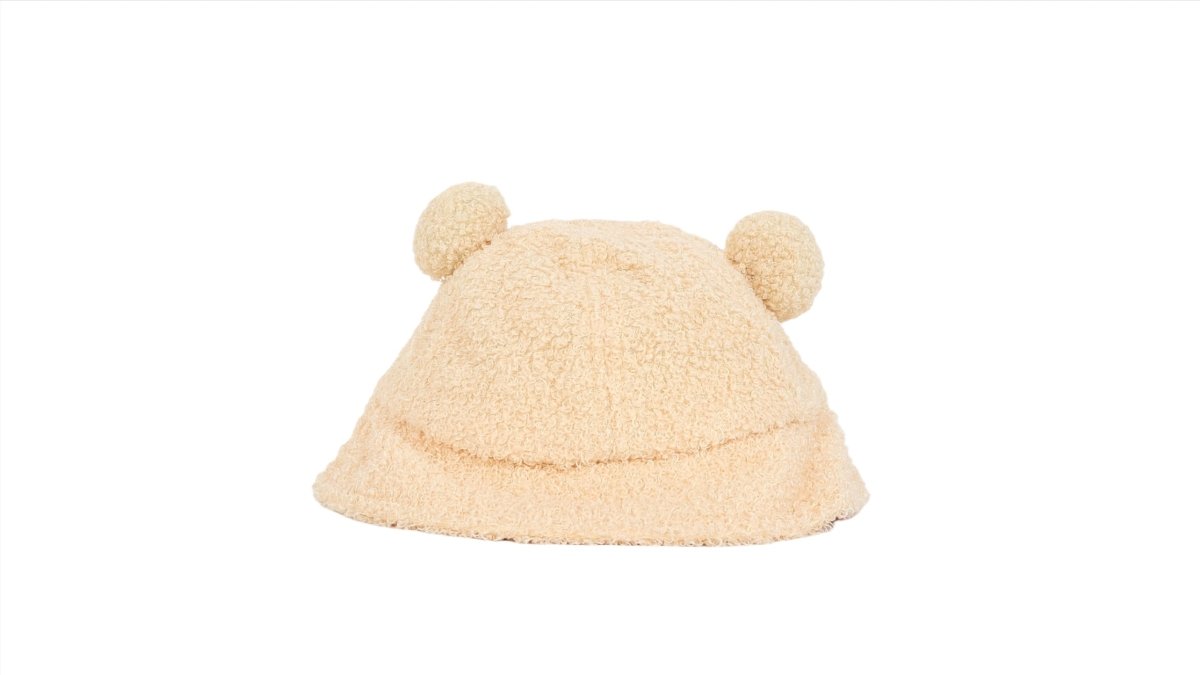 Kids teddy bear bucket hat, beige teddy-fleece with two pom ears (side view)