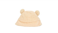 Kids teddy bear bucket hat, beige teddy-fleece with two pom ears (side view)