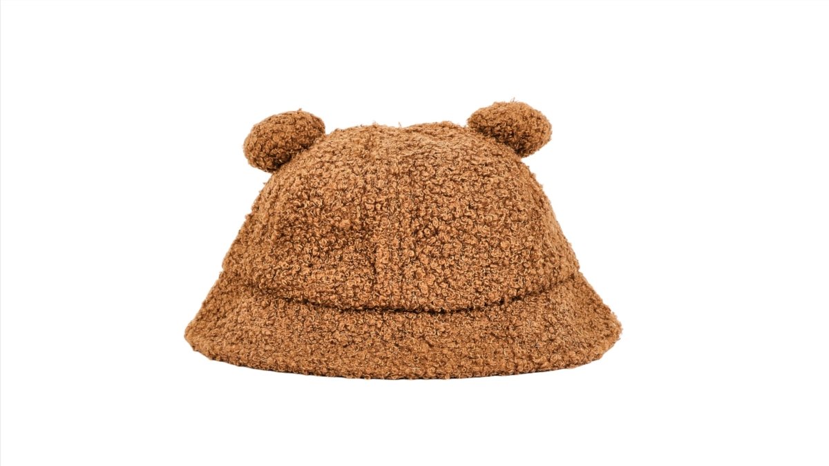 Kids teddy bear bucket hat, brown teddy-fleece with two pom ears (back view)