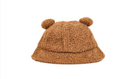 Kids teddy bear bucket hat, brown teddy-fleece with two pom ears (back view)