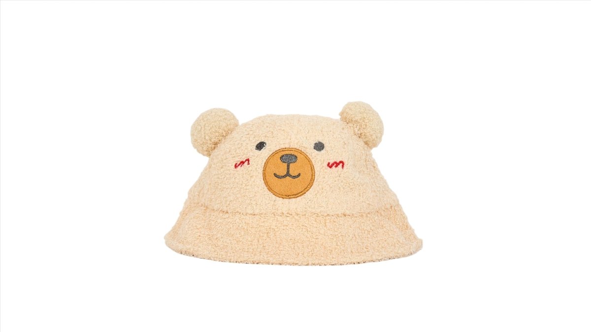 Kids teddy bear bucket hat, beige teddy-fleece with embroidered bear face and ears