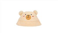 Kids teddy bear bucket hat, beige teddy-fleece with embroidered bear face and ears