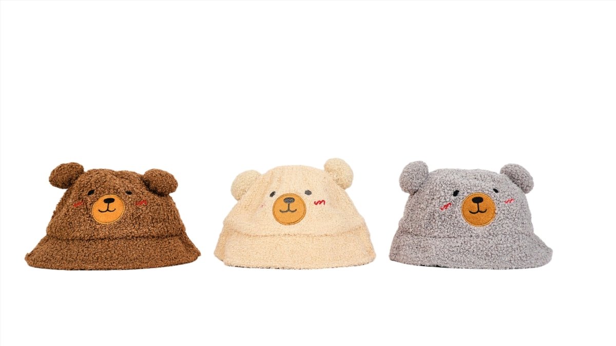 Kids teddy bear bucket hat, trio of colors: brown, beige, and gray with bear ears