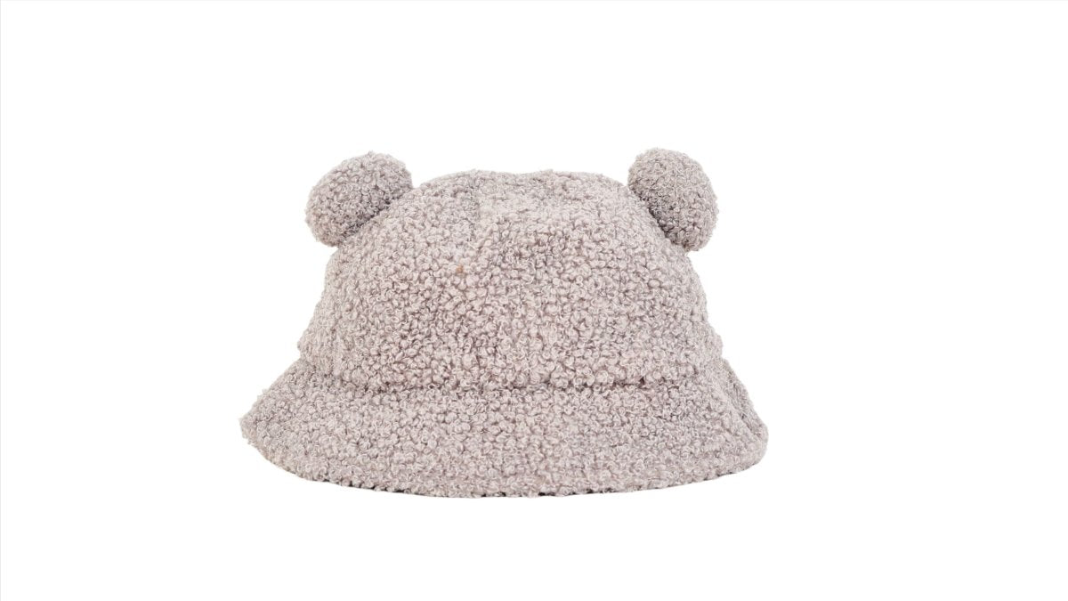 Kids teddy bear bucket hat, gray teddy-fleece with rounded pom ears (back view)