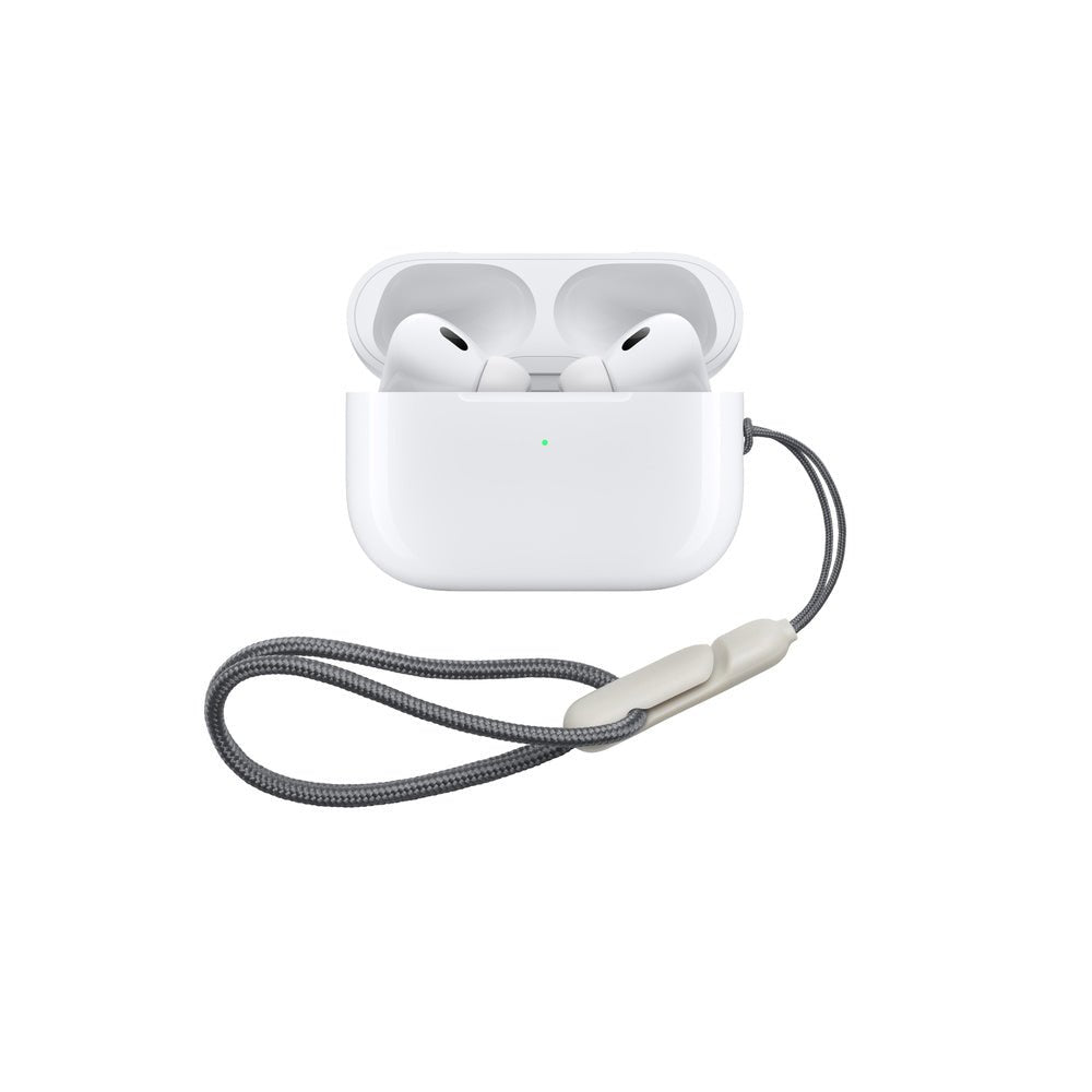 White wireless Bluetooth earbuds in a charging case with attached braided cable