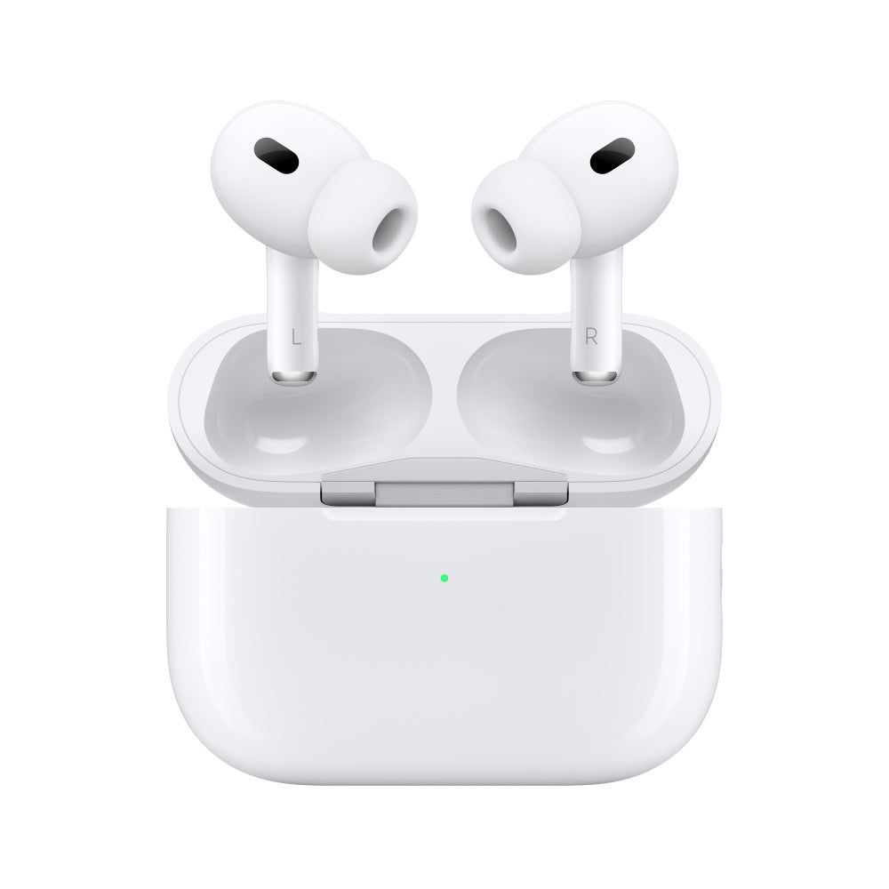 White wireless Bluetooth earbuds standing in a white charging case