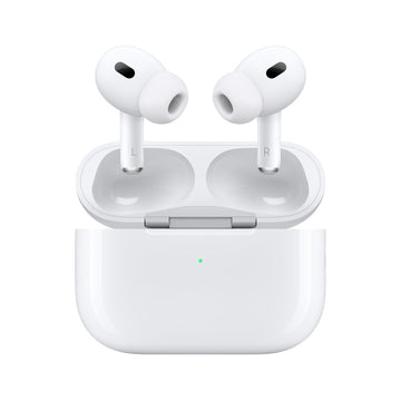 White wireless Bluetooth earbuds standing in a white charging case